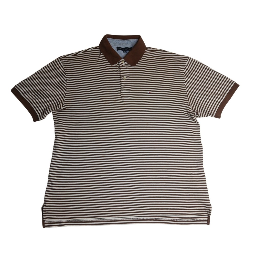 Tommy Hilfiger Polo Shirt Mens XL Brown White Striped Short Sleeve Logo‎ Cotton